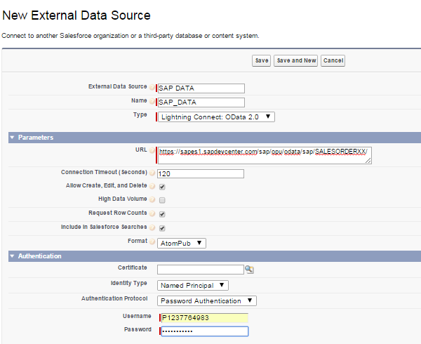 Create a new external data source by entering the following details