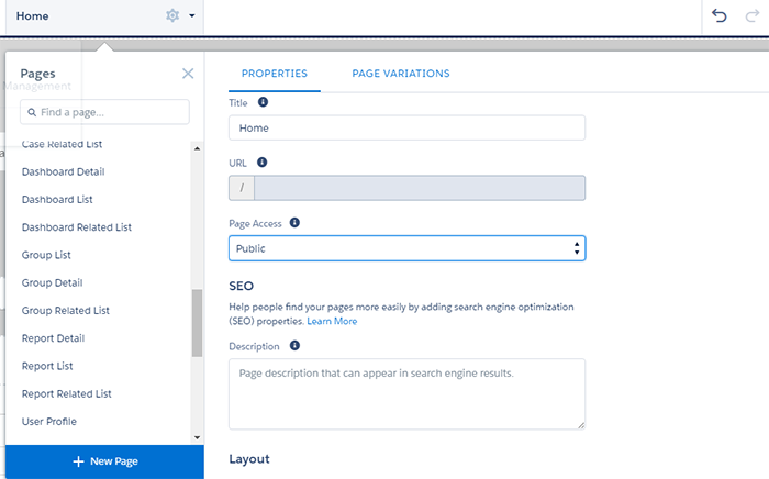 Configuring the page access settings to define public access for the community